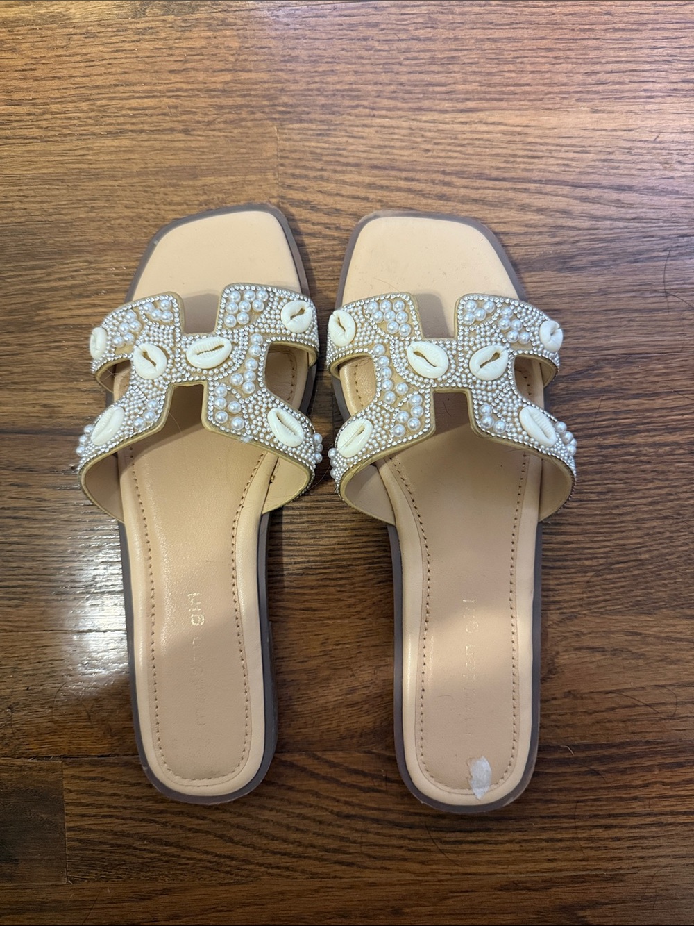 Embellished Beige Slide Sandals with Shell Accents